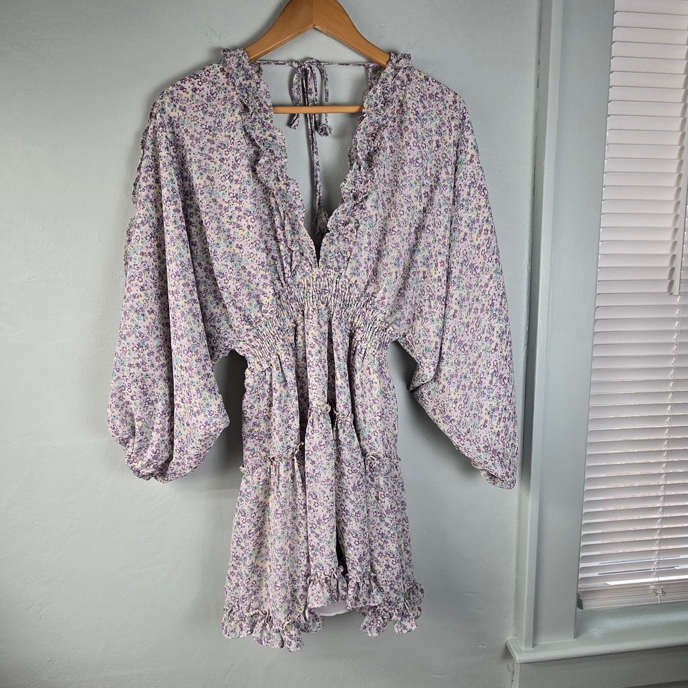 Storia Purple Floral Ruffle Mini Dress Smocked Waist Balloon Sleeve Small